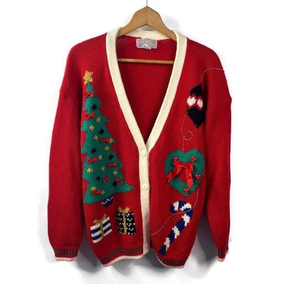 Spice Of Life Sweaters - Ugly Christmas Sweater Spice Of Life Womens Red Cardigan Long Sleeve Button Up L
